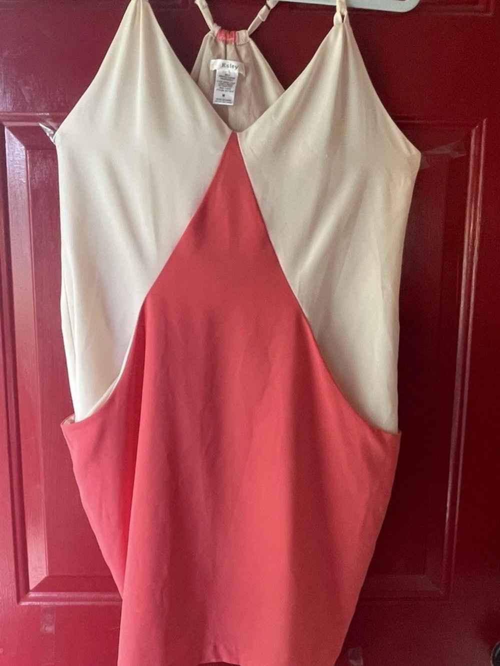 Esley Cream and Coral Colorblock V-Neck Slip Dress